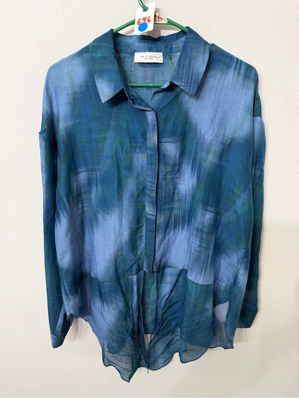 Women’s Lola & Sophie Medium Blue Green Plaid Sheer Button Down Blouse